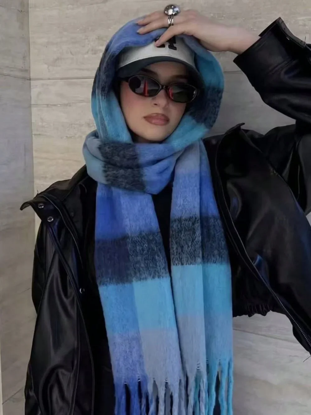 Blue warm cozy Women's Plaid Plush Warm oblong tassel Scarf